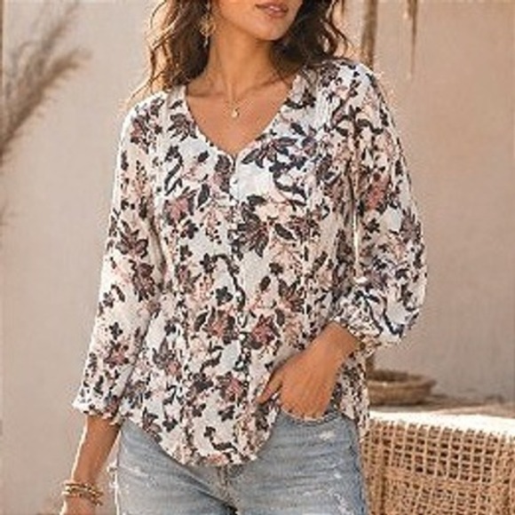 ONE WORLD Tops - One World White Floral Boho Button 3/4 Balloon Sleeve Peasant Festival Blouse L